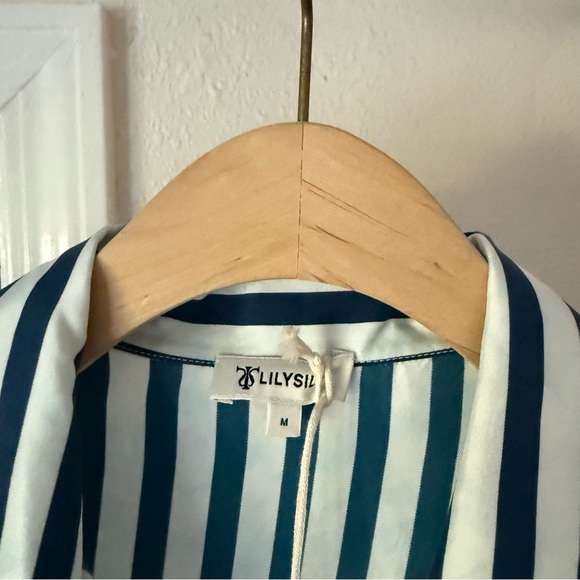 NWT LILYSILK blue white mulberry silk striped long sleeve button up shirt - Picture 7 of 9